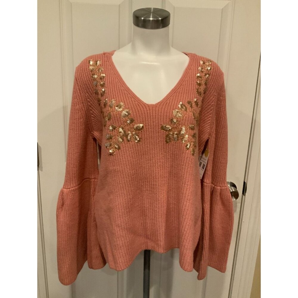 Miss Me Pink Knit Sweater W/ Gold Sequins & Flounce Sleeves, Size L